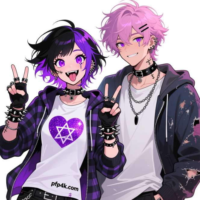 Girl flashing peace signs boy smiling at her their matching PFP set