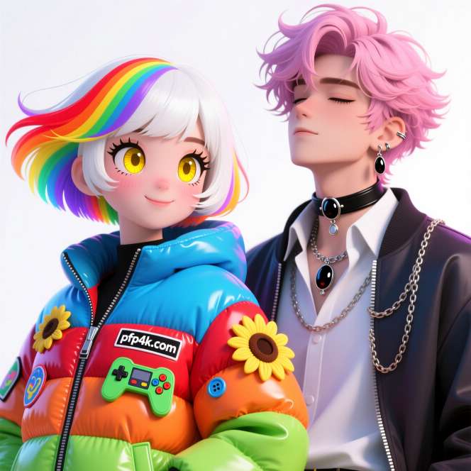 Girl in rainbow jacket boy in pink hair their matching PFP set