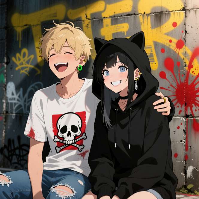 Blond boy laughing girl in cat hoodie their matching PFP close up