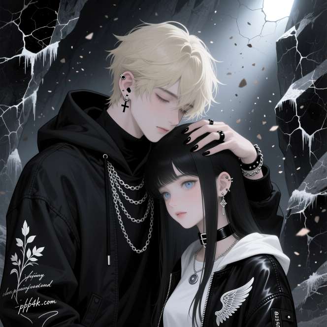 Boy in black hood girl in chains their matching PFP in dark embrace