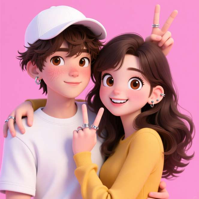 Boy in white cap girl in yellow their matching PFP close up