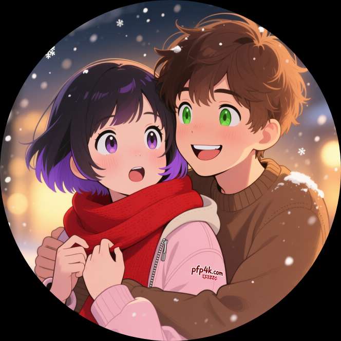 Girl surprised in red scarf boy hugging her from behind their matching PFP