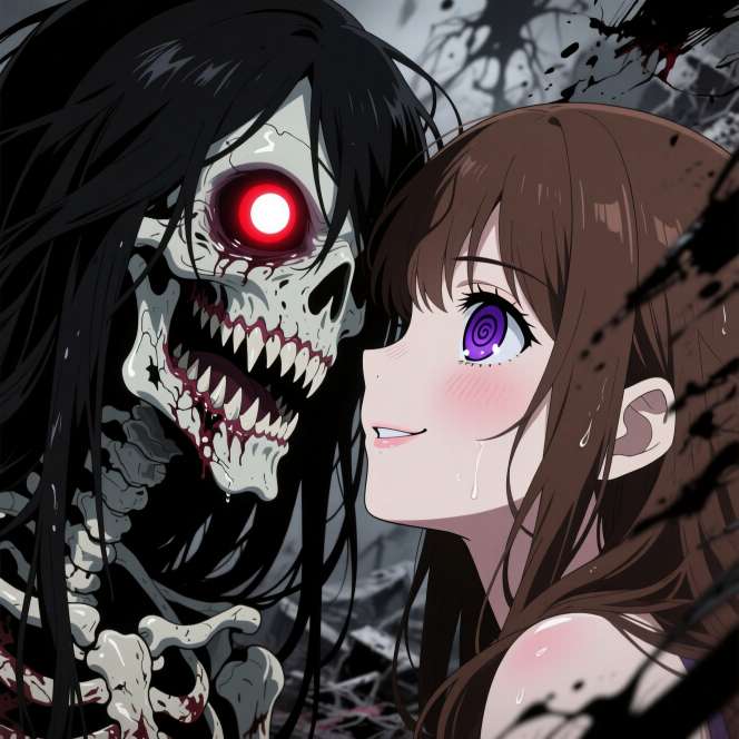 A grotesque monster and serene girl pressed together their eyes glowing against a dark chaotic background