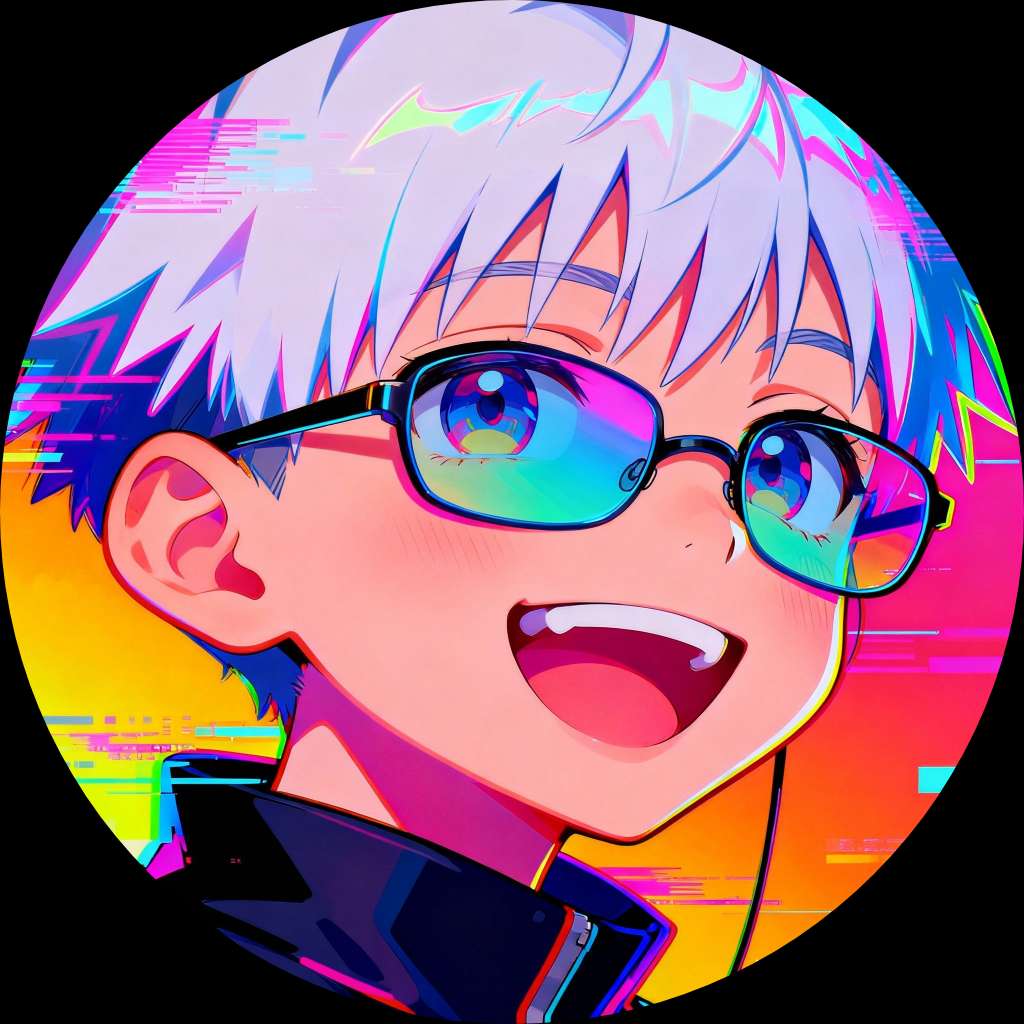 Gojo Satoru with neon glitch effects in circular frame