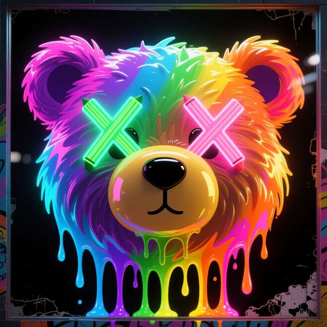 Glowing rainbow teddy bear with crayon X eyes and dripping paint close up on black no text or logos