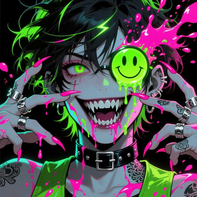 Crazy anime character with glowing green eye and neon smiley lens dripping paint on black no text or logos