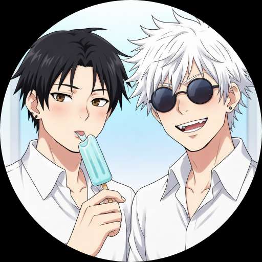 Gojo Satoru and Suguru Geto matching profile picture set — anime duo sharing ice cream in white shirts, no text, high-resolution fan art.