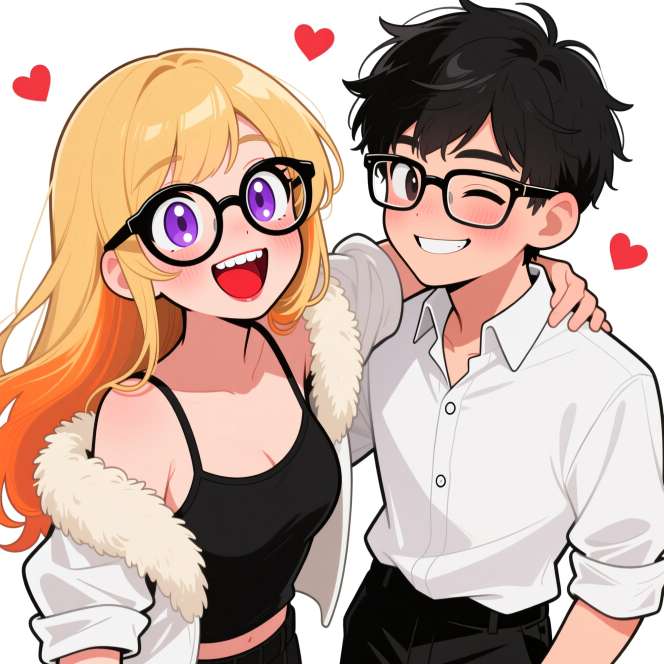Playful anime couple PFP with glasses & heart bubbles