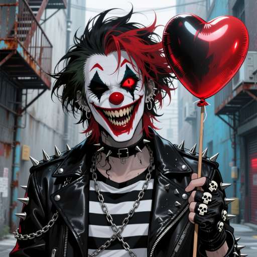 He grins inches from the camera holding a heart balloon his spiked jacket catching the light