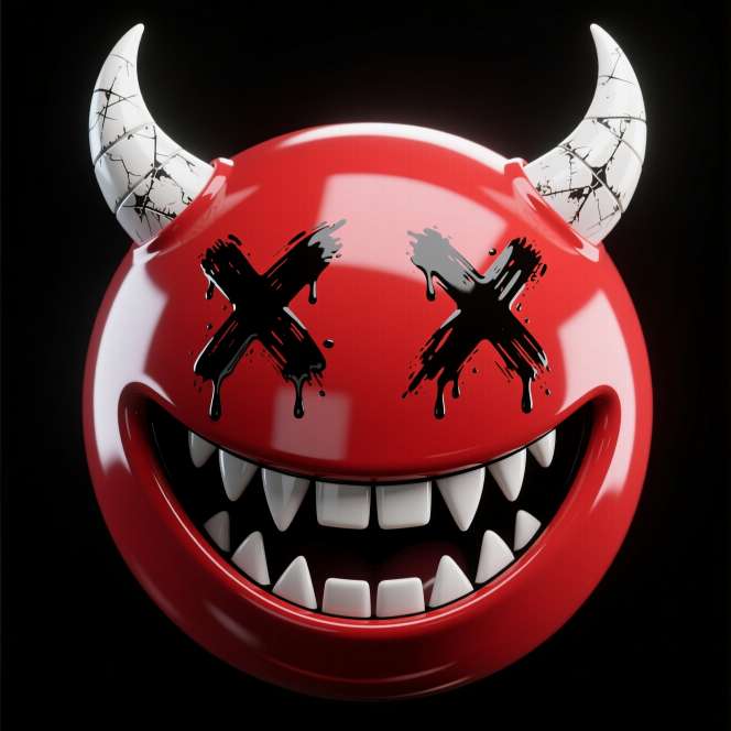 Creepy red smiley with white horns and black X eyes close up on black no text or logos