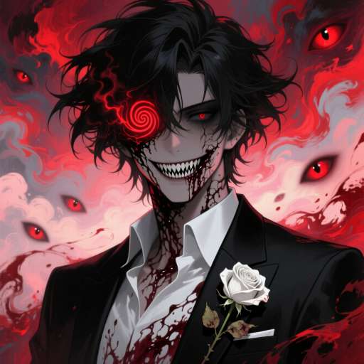 He grins with a red spiral eye amid floating eyes and oil-paint red waves.
