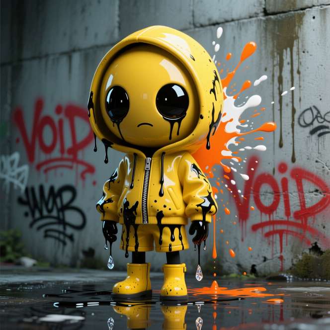 Lonely cartoon kid with huge eyes in yellow hoodie standing in dripping black and orange paint on gray wall