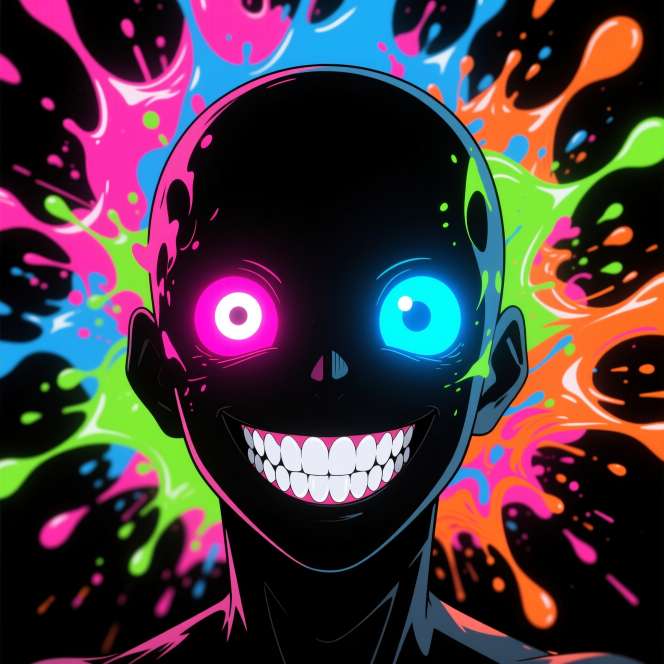 He salutes under a giant purple moon surrounded by glowing-eyed skeletons in a macabre scene