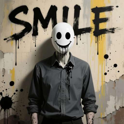 His white smiley face drips black paint as he stands beneath the word SMILE on a textured wall