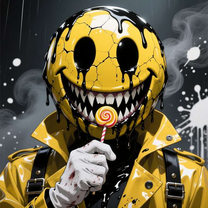 His yellow smiley mask drips black as he holds a lollipop against a dark abstract background