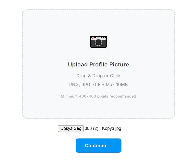 Start here — choose a profile picture that reflects your story. You can work with PNG, JPG, or GIF files, at least 400x400 pixels and up to 10MB. Drag and drop or click to select the file, then click "Continue". This is the first step in bringing your presence to the visual world.