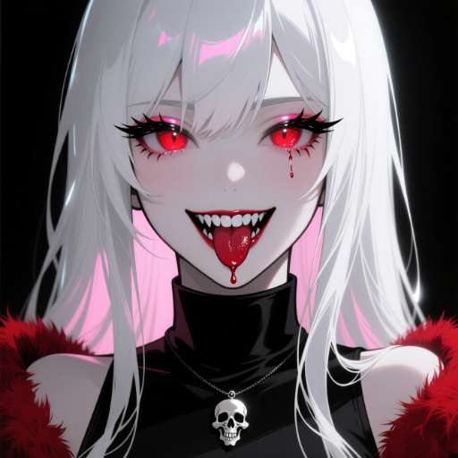 Her glowing red eyes and tongue fill the frame against a pure black background with white rim light