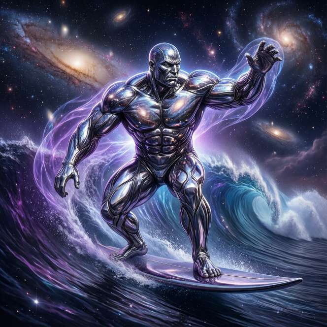 large body silver surfer majestic cosmic profile powerful