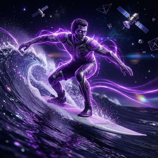 neon purple silver surfer glowing cosmic profile