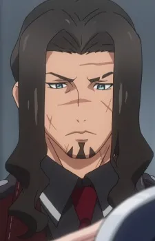 A stern anime man with long dark hair and facial scars looking forward with a serious and determined expression.