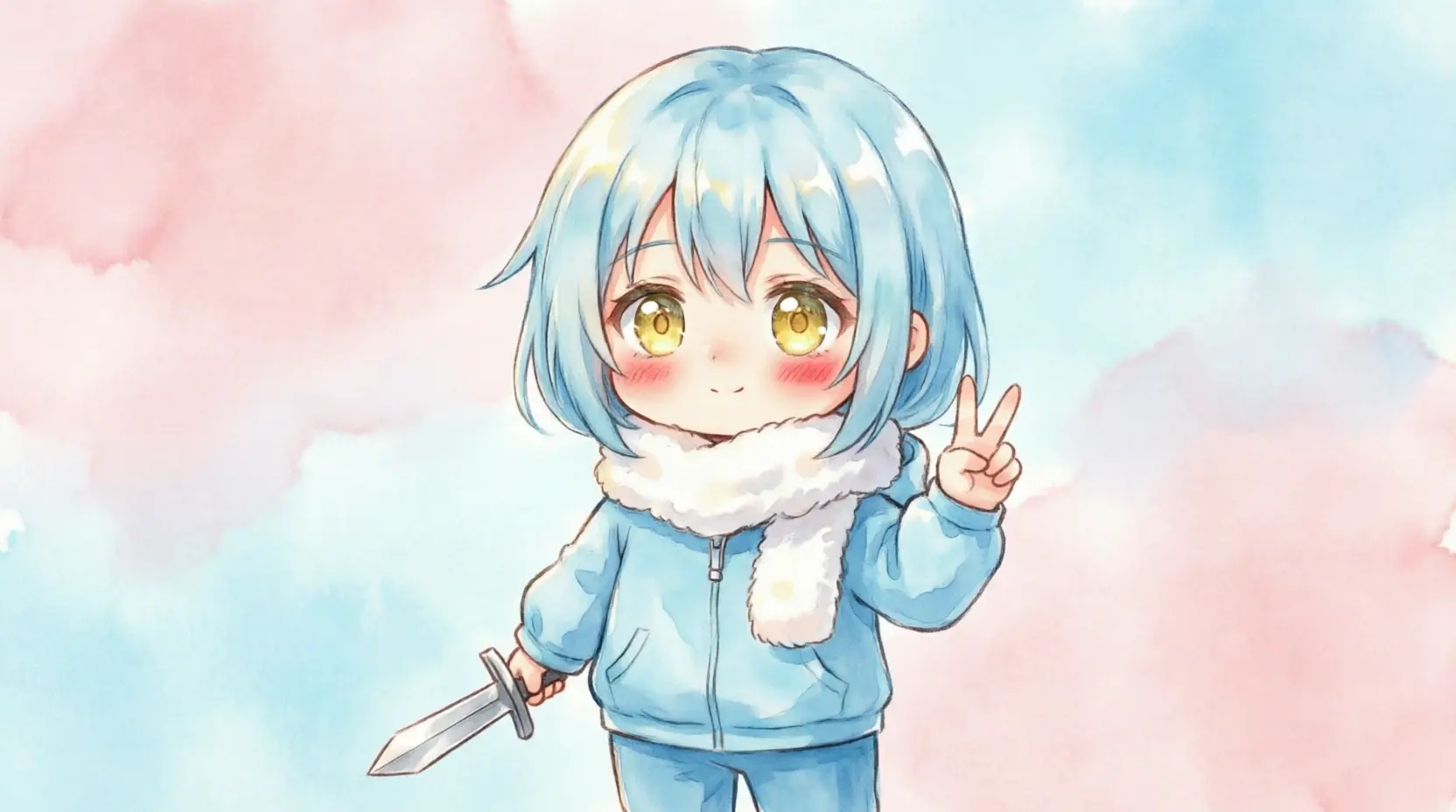 Cute Rimuru Tempest chibi anime character with light blue hair and golden eyes making victory sign while holding sword, wearing white scarf with blushing cheeks on pastel background
