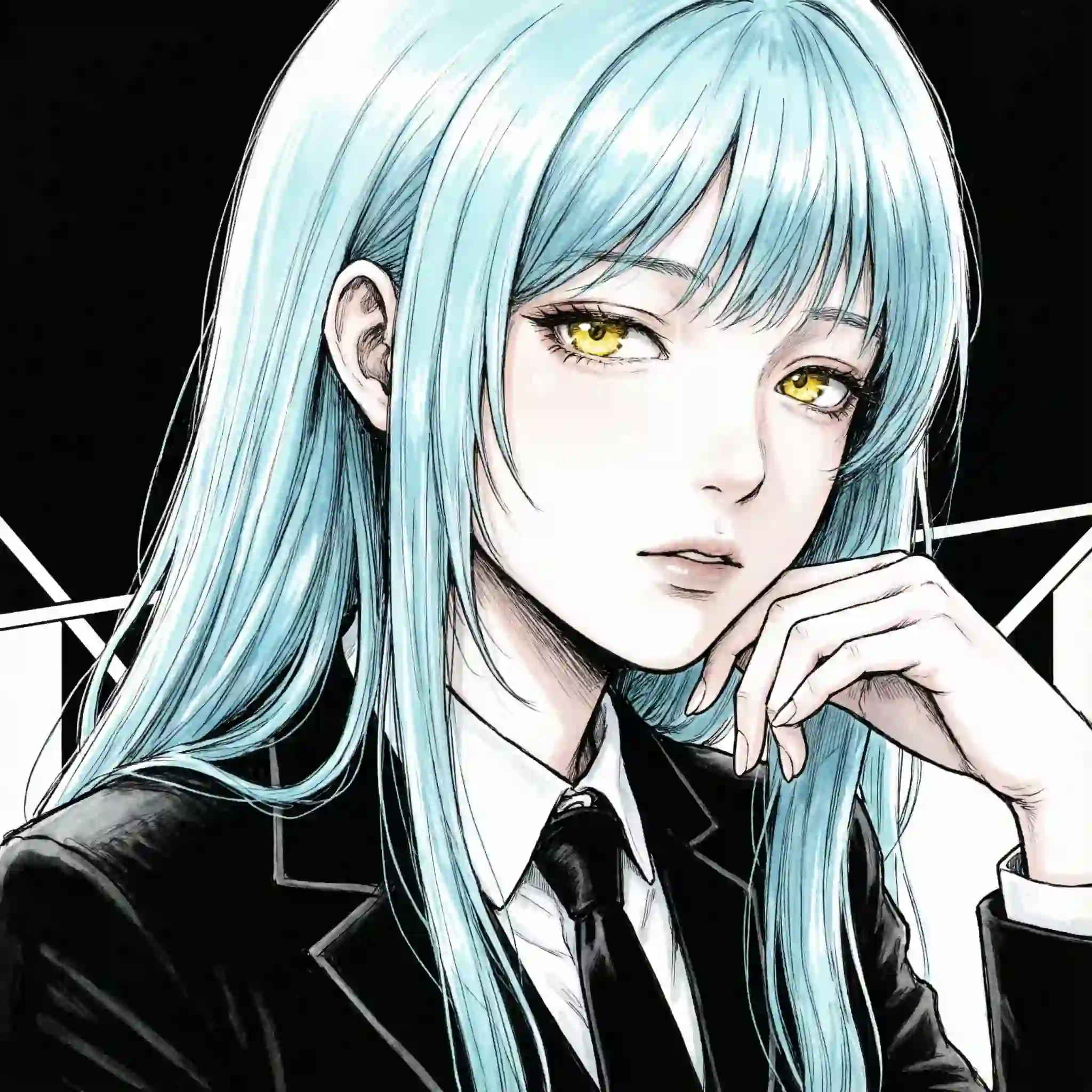 Rimuru Tempest anime character, light blue hair golden yellow eyes, thoughtful portrait in black suit, manga art style high contrast