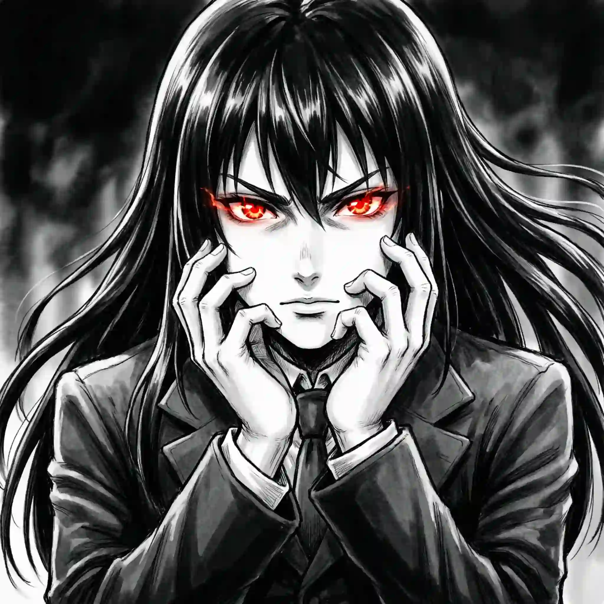 Rimuru Tempest black and white manga PFP with glowing red eyes, dramatic anime character in dark coat, high contrast monochrome artwork with intense expression