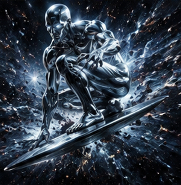 Silver Surfer pfp 4k action pose surfing through an exploding cosmic asteroid field.