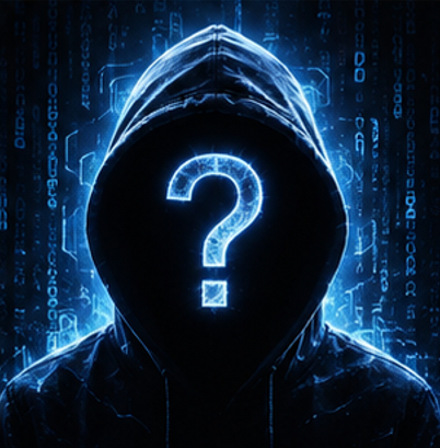 Unknown pfp blue hacker matrix code background with a glowing question mark face.