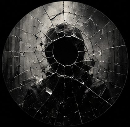 Anime boy pfp black and white depressed aesthetic behind cracked broken glass.
