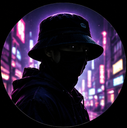 Anime boy pfp dark neon background with a black bucket hat and mask.