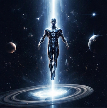 Silver Surfer pfp 4k floating in space with a powerful cosmic light beam and planets.