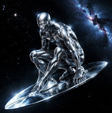 Silver Surfer pfp 4k with cosmic galaxy background for discord profile.