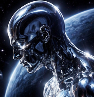 Silver Surfer 4k image in side view profile with glowing stars and planet earth background.