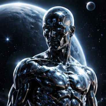 Silver Surfer pfp 4k dark chrome body with glowing eyes and large background planet.