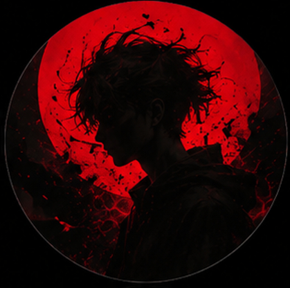 Anime boy pfp red and dark aesthetic side profile with a giant red moon background.