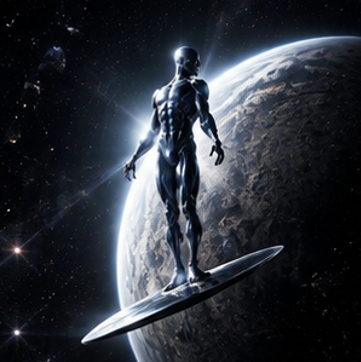 Silver Surfer pfp 4k standing on board with a giant detailed planet and bright sun flare background.