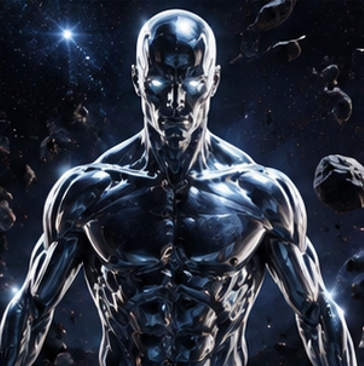 Silver Surfer pfp 4k with glowing white eyes and muscular chrome body in space.