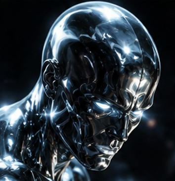 Silver Surfer pfp 4k with liquid chrome texture headshot and glowing eyes on dark background.