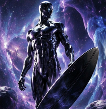 Silver Surfer pfp 4k holding board with a purple and blue cosmic nebula background.
