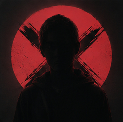 Unknown pfp red and black aesthetic boy silhouette with a painted X mark circle.