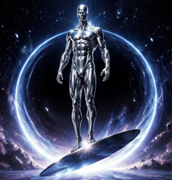 Silver Surfer pfp 4k standing on surfboard with glowing cosmic blue ring background.