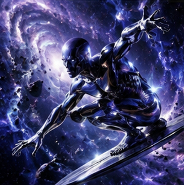 Silver Surfer pfp 4k surfing through a purple cosmic galaxy vortex.