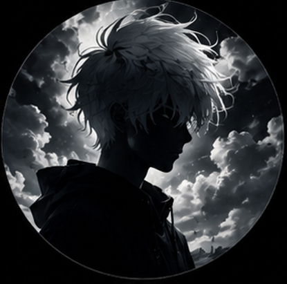 Anime boy pfp white hair and dark silhouette character with a cloudy sky background.